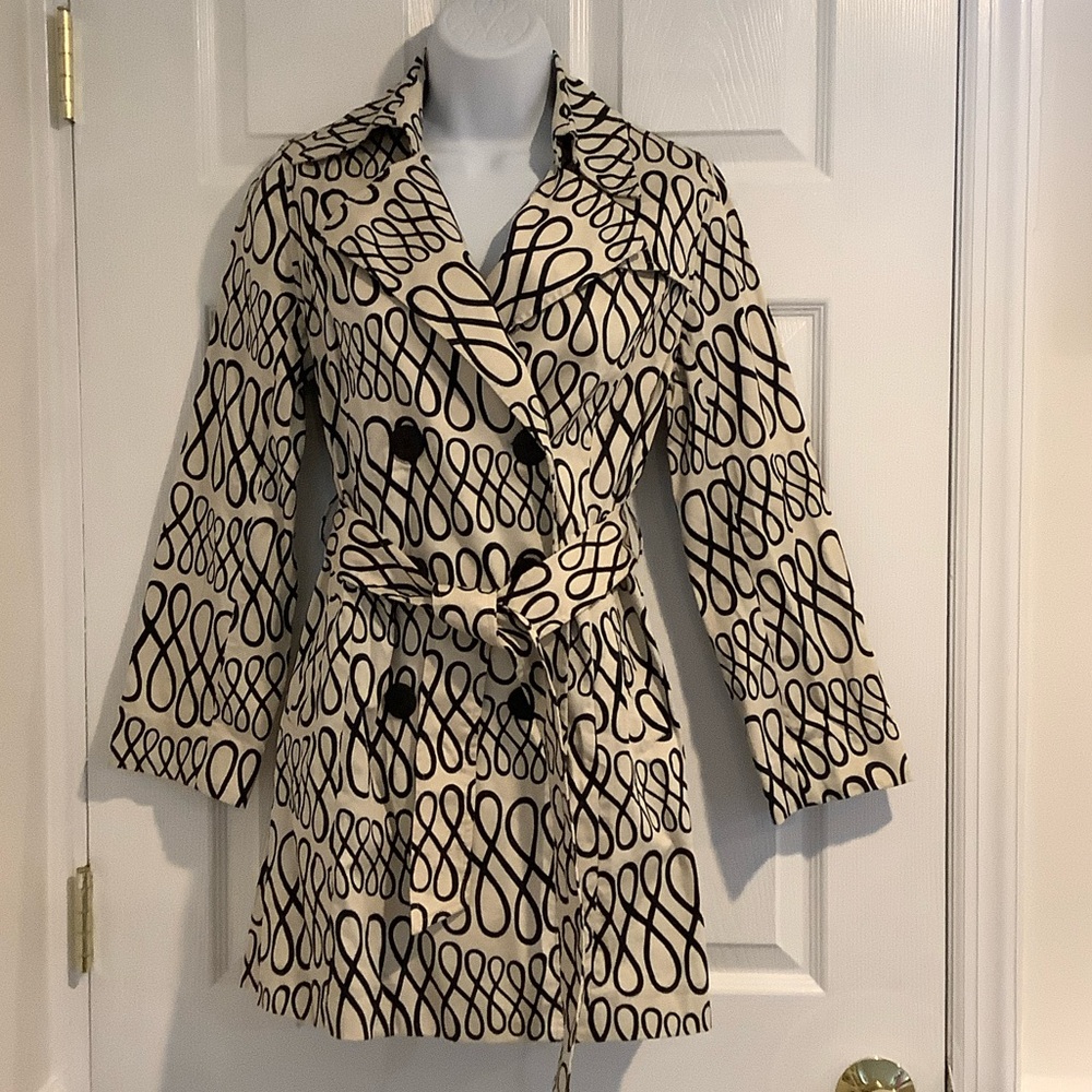 VERTIGO PARIS Cream/Navy Geometric Maximalist Eclectic Short Fall Trench Coat XS